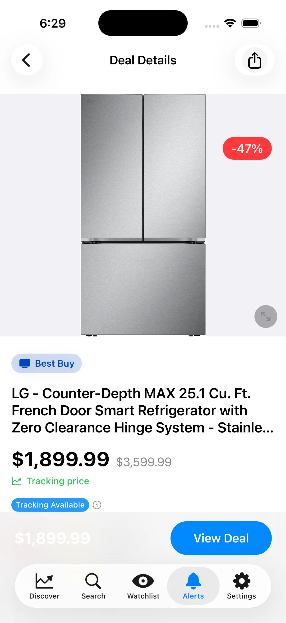 BuckHound app screenshot showing LG Counter-Depth MAX refrigerator deal details